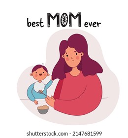 color card for mother's day. Mom feeds the baby