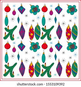 Color card. New Year's toys. Christmas tree, candles, balls and icicles. Snowflakes.