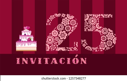 Color card with the number 25 on the Burgundy striped field. The inscription in Spanish "invitation". Invitation to the anniversary, birthday, holiday. 