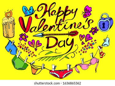 Color card for Valentine's Day in a hand drawing style. Greeting card on a yellow background with graphic elements of a love theme. Lettering of "Happy Valentine's Day" and decorative elements.