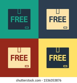 Color Cardboard box with free symbol icon isolated on color background. Box, package, parcel sign. Delivery, transportation and shipping. Vintage style drawing. Vector Illustration