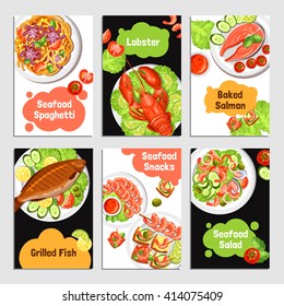 Color cards with title of seafoods for banner vector illustration