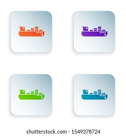 Color Cargo ship with boxes delivery service icon on white background. Delivery, transportation. Freighter with parcels, boxes, goods. Set icons in colorful square buttons. Vector Illustration