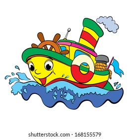 color caricature of merry ship - tug on white background