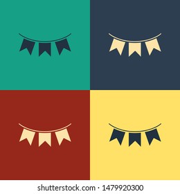 Color Carnival garland with flags icon isolated on color background. Party pennants for birthday celebration, festival and fair decoration. Vintage style drawing. Vector Illustration