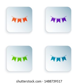 Color Carnival garland with flags icon isolated on white background. Party pennants for birthday celebration, festival and fair decoration. Set icons in colorful square buttons. Vector Illustration