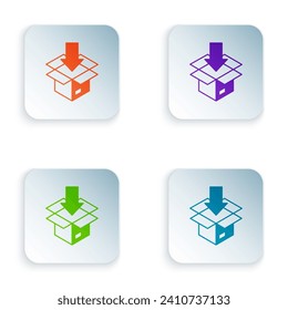 Color Carton cardboard box icon isolated on white background. Box, package, parcel sign. Delivery and packaging. Set colorful icons in square buttons. Vector