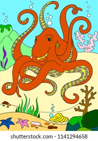 Color cartoon animal friends in nature. Underwater world, octopus on the ocean floor. Anti-stress for adult.