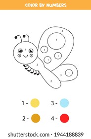 Color the cartoon butterfly by numbers. Coloring page for kids. 