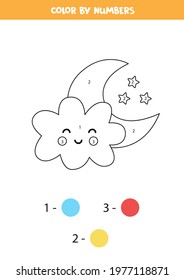Color the cartoon cloud and moon by numbers. Coloring page for kids. 
