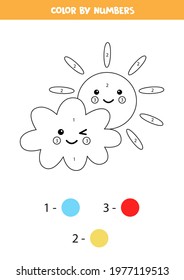 Color the cartoon cloud and sun by numbers. Coloring page for kids. 
