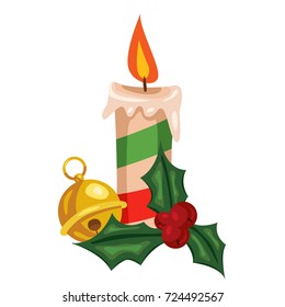 Color cartoon comic style isolated on white background illustration of Christmas candle with jingle bell and holy berry. Holiday element design for your design