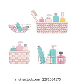 Color cartoon cosmetic bottles in baskets. Bright body cream tube, cleanser, oil, lotion, brush vector illustrations.