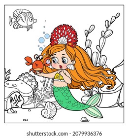 Color cartoon crab showing a large pearl to cute little mermaid girl in coral tiara on simple seabed outlined background for coloring page