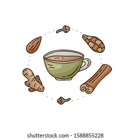 Color cartoon cup with isolated spices. Round doodle template for Masala tea with cinnamon, ginger, cardamom. Hand drawn vector food concept. Line art illustration for card, sticker, poster