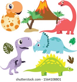 Color Cartoon Dinosaurs Collection Vectrot Illustration Isolated O White Background With Volcano And Palm . Cute Hand Drawn Funny Dino Icon Set .