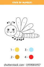 Color the cartoon dragonfly by numbers. Coloring page for kids. 