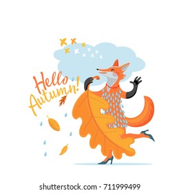 Color cartoon drawing - cute wild fox female celebrate coming of autumn - sings and dances on background of text - Hello, Autumn, birds, cloud and falling yellow leaves. Vector isolated illustration.