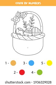 Color the cartoon easter basket by numbers. Coloring page for kids. 