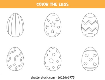 Color cartoon Easter eggs. Coloring page for kids.