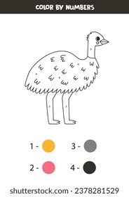 Color the cartoon emu by numbers. Coloring page for kids. 