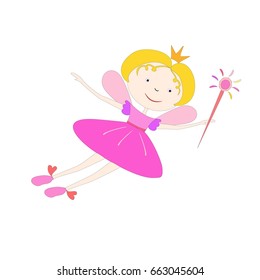 Color Cartoon fairy flying with a magic wand for little girl. Vector illustration isolated on white background.