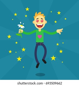 Color cartoon flat art illustration of a  guy falling in love with flower in hand