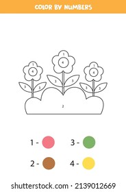Color the cartoon flowerbed by numbers. Coloring page for kids. 