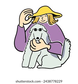 color cartoon girl with a dog in doodle style. template for print advertising poster sticker icon illustration.