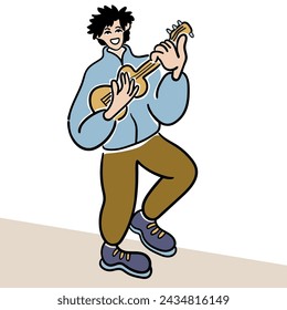 color cartoon girl play on ukulele in doodle style. template for print advertising poster sticker icon illustration. people in lines
