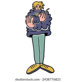color cartoon guy with a cat in doodle style. template for print advertising poster sticker icon illustration.