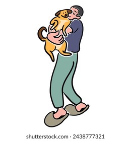 color cartoon guy with a dog in doodle style. template for print advertising poster sticker icon illustration.