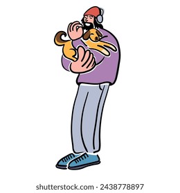 color cartoon guy with a dog in doodle style. template for print advertising poster sticker icon illustration.