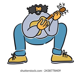 color cartoon guy musician with a guitar in doodle style. template for print advertising poster sticker icon illustration.