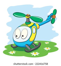 Color cartoon helicopter on meadow with daisies.