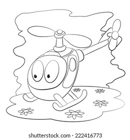 Color cartoon helicopter on meadow with daisies. Coloring book.