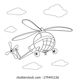 Color cartoon helicopter in the sky, in clouds. Coloring book.