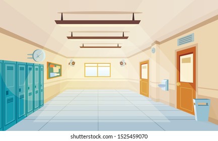 Color Cartoon High School Hallway Vector Illustration. Empty College Corridor With Closed Doors, Trash Bin And Lockers. University Lobby Interior Design. Education And Learning Concept