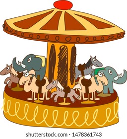 color cartoon illustration - children's carnival carousel with horses, elephants, camels