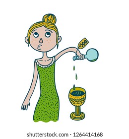 Color cartoon illustration of criminal woman pouring poison in fancy drink. Isolated on white background.