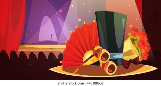 Color cartoon illustration depictin equipment theatre audiences binoculars fan bouquet of flowers silk hat vector illustration