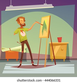 Color cartoon illustration depicting disabled artist painting without right hand vector illustration