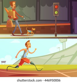 Color cartoon illustration depicting disabled people blind man with dog and runner with prosthesis instead of legs vector illustration