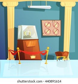 Color cartoon illustration depicting mascot of horseshoe in museum showcase vector illustration