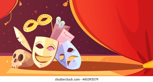 Color cartoon illustration depicting theatre props mask skull vector illustration