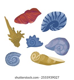 color cartoon illustration elements of sea shells, shells, sea animals