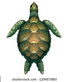 Color cartoon illustration of green turtle. The object is separate from the background. Illustration for printing on T-shirts, covers, sketches of tattoos and your design.