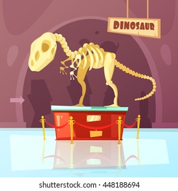 Color cartoon illustration of museum exibition about dinosaur vector illustration