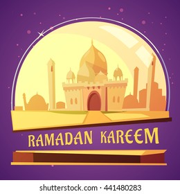 Color cartoon illustration with purple background depicting arabian mosque ramadan kareem vector illustration