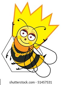 A color cartoon illustration of The Queen Bee holding a crown.